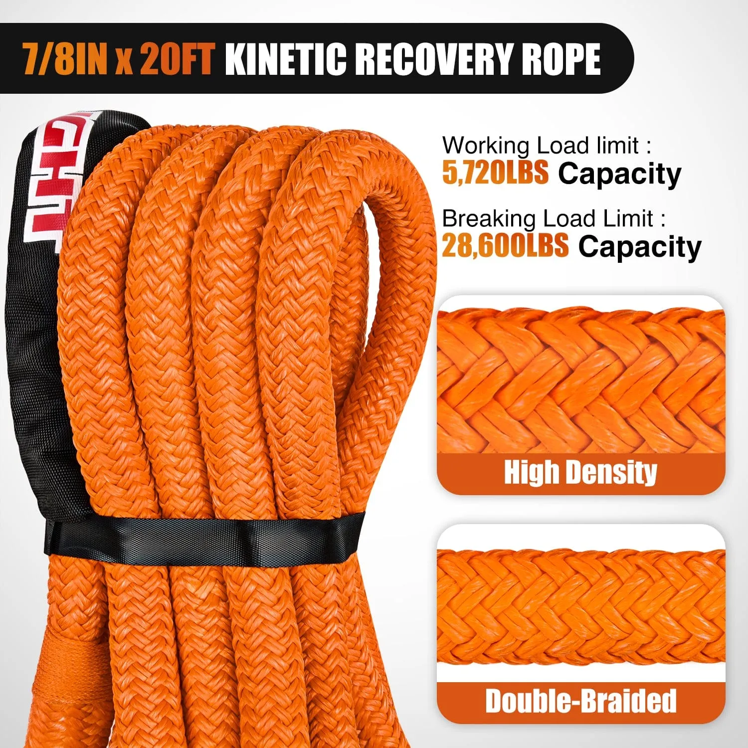 7/8in x 20ft Kinetic Recovery Rope 28,600LBS