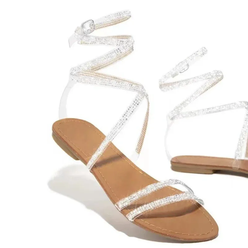 AMOZAE- - Shiny Rhinestone Gladiator Sandals Flat Heel, Lace Up