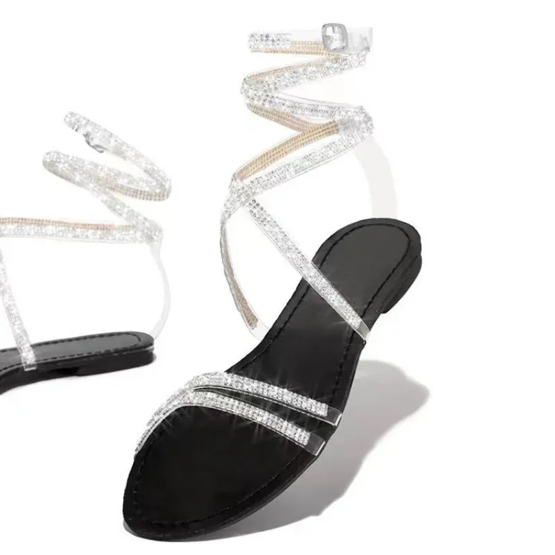 AMOZAE- - Shiny Rhinestone Gladiator Sandals Flat Heel, Lace Up