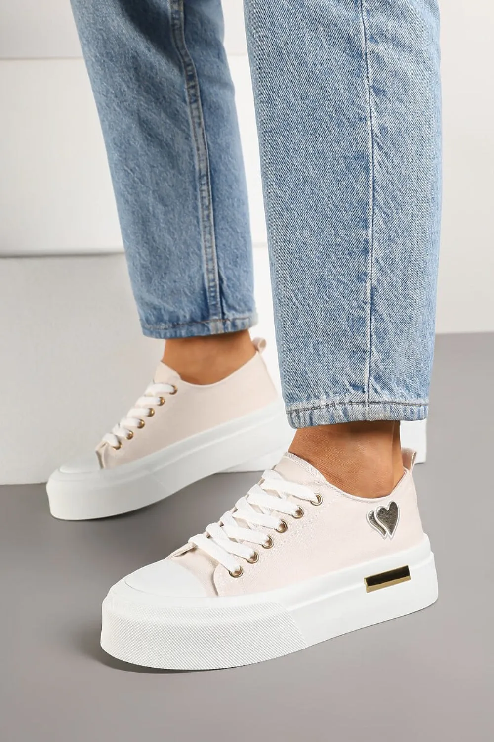 BEIGE LACE UP HEART DETAIL CHUNKY STYLISH FLAT TRAINERS