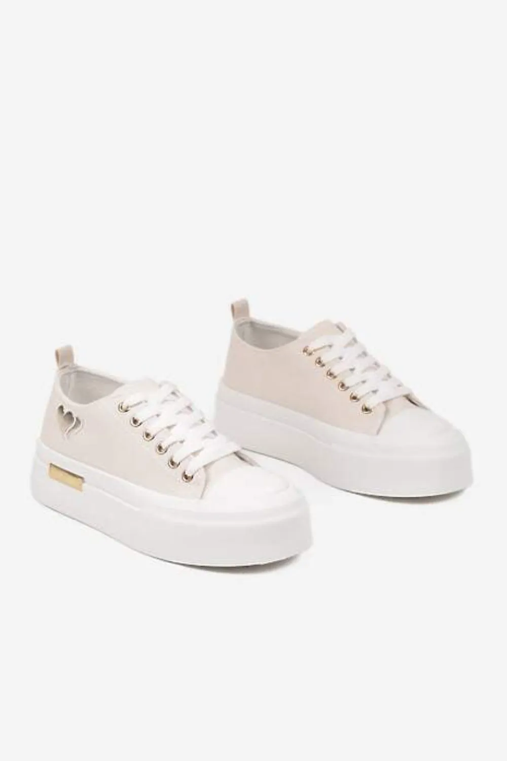 BEIGE LACE UP HEART DETAIL CHUNKY STYLISH FLAT TRAINERS