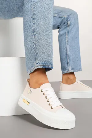 BEIGE LACE UP HEART DETAIL CHUNKY STYLISH FLAT TRAINERS