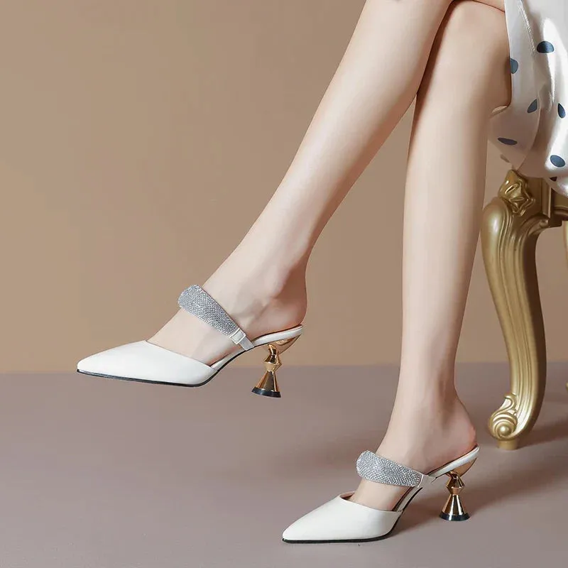 binfenxie Shiny Crystal High Heels Sandals Women Summer Patent Leather Pointed Toe Party Shoes Woman Elegant Thick Heeled Ladies Shoe