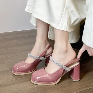 Bjlxn Patent Leather Mary Jane Sandals Women Summer 2023 Shiny Crystal High Heels Sandals Woman Slingbacks Thick Heeled Platform Pumps