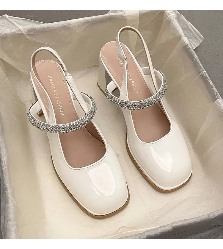 Bjlxn Patent Leather Mary Jane Sandals Women Summer 2023 Shiny Crystal High Heels Sandals Woman Slingbacks Thick Heeled Platform Pumps