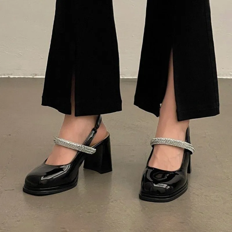 Bjlxn Patent Leather Mary Jane Sandals Women Summer 2023 Shiny Crystal High Heels Sandals Woman Slingbacks Thick Heeled Platform Pumps