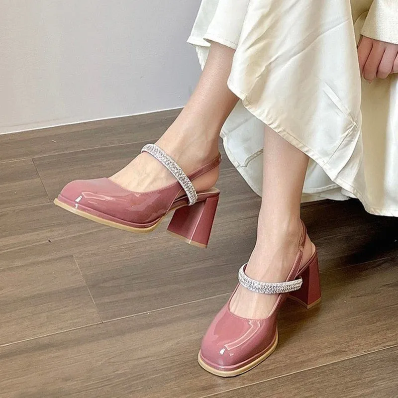 Bjlxn Patent Leather Mary Jane Sandals Women Summer 2023 Shiny Crystal High Heels Sandals Woman Slingbacks Thick Heeled Platform Pumps