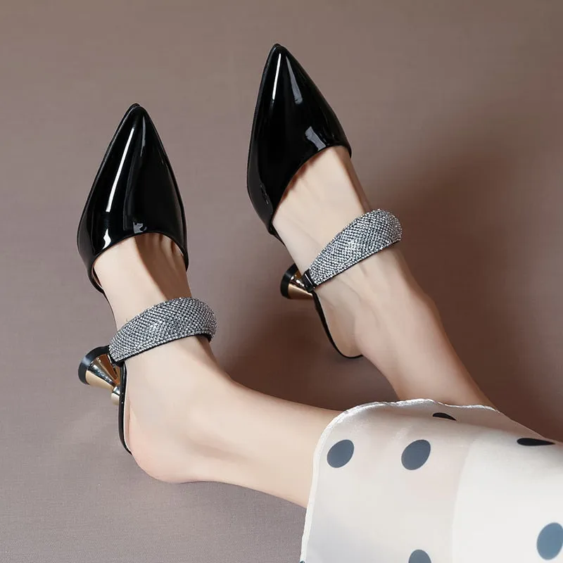 Bjlxn Shiny Crystal High Heels Sandals Women Summer 2023 Patent Leather Pointed Toe Party Shoes Woman Elegant Thick Heeled Ladies Shoe