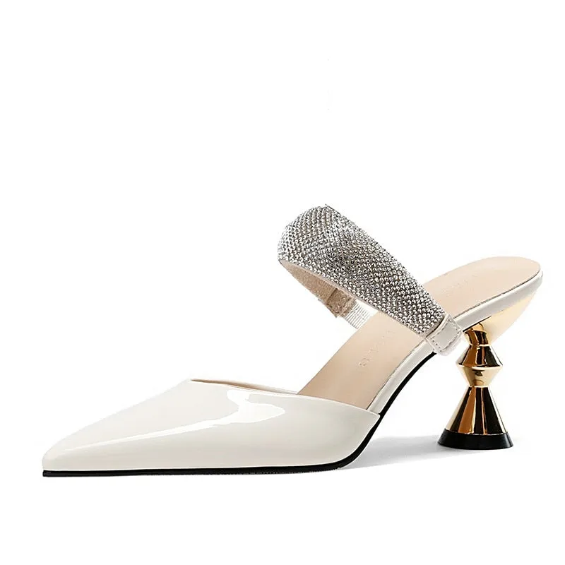 Bjlxn Shiny Crystal High Heels Sandals Women Summer 2023 Patent Leather Pointed Toe Party Shoes Woman Elegant Thick Heeled Ladies Shoe