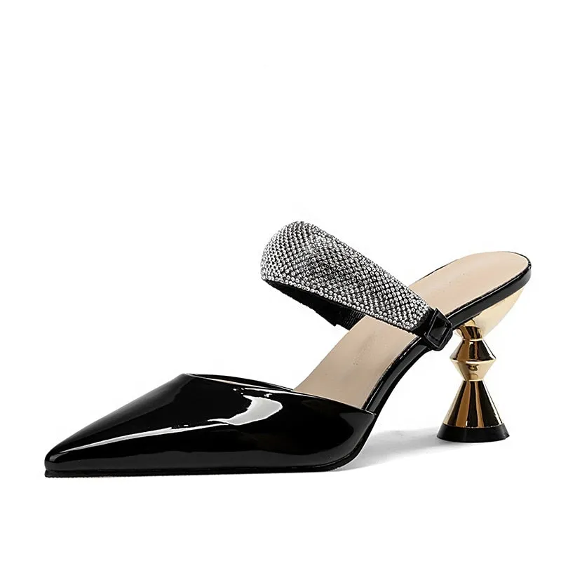 Bjlxn Shiny Crystal High Heels Sandals Women Summer 2023 Patent Leather Pointed Toe Party Shoes Woman Elegant Thick Heeled Ladies Shoe
