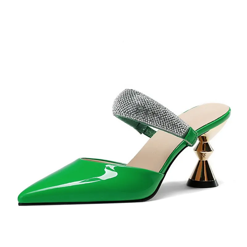 Bjlxn Shiny Crystal High Heels Sandals Women Summer 2023 Patent Leather Pointed Toe Party Shoes Woman Elegant Thick Heeled Ladies Shoe