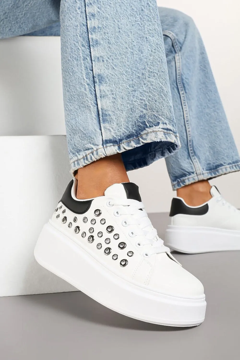 BLACK LACE UP SIDE DETAIL CHUNKY STYLISH FLAT TRAINERS
