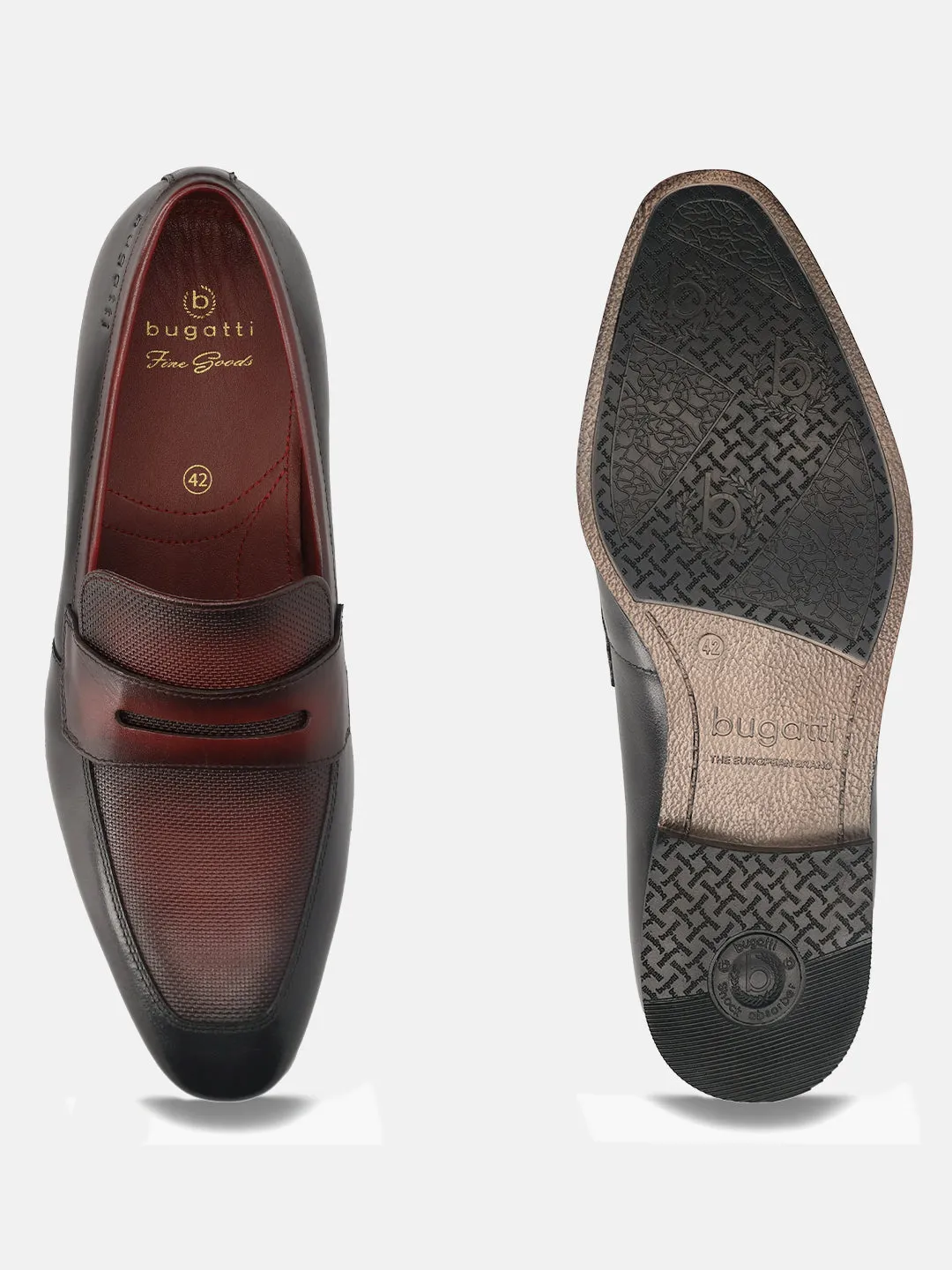 bugatti Black & Dark Red Premium Leather Slip-ons Formal