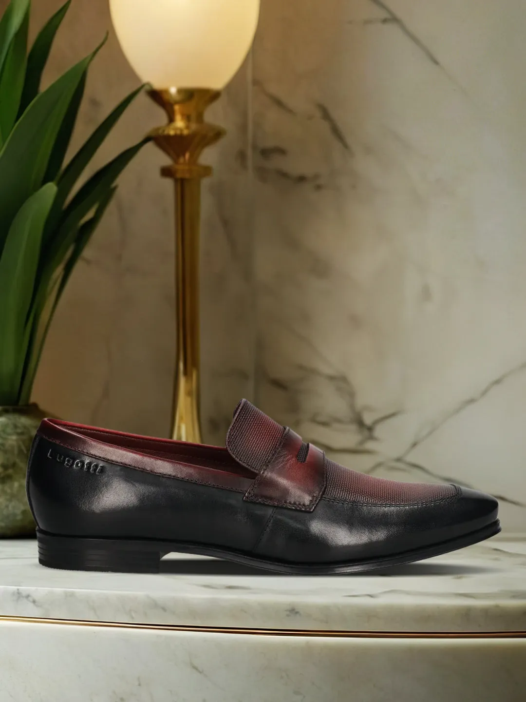 bugatti Black & Dark Red Premium Leather Slip-ons Formal