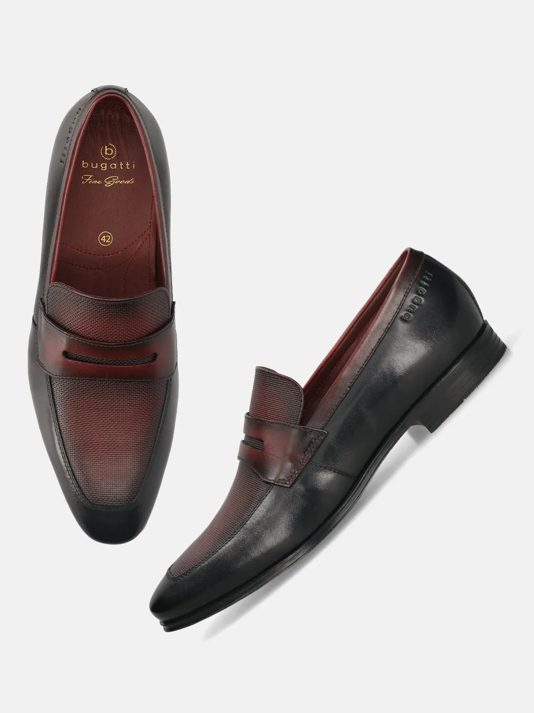 bugatti Black & Dark Red Premium Leather Slip-ons Formal