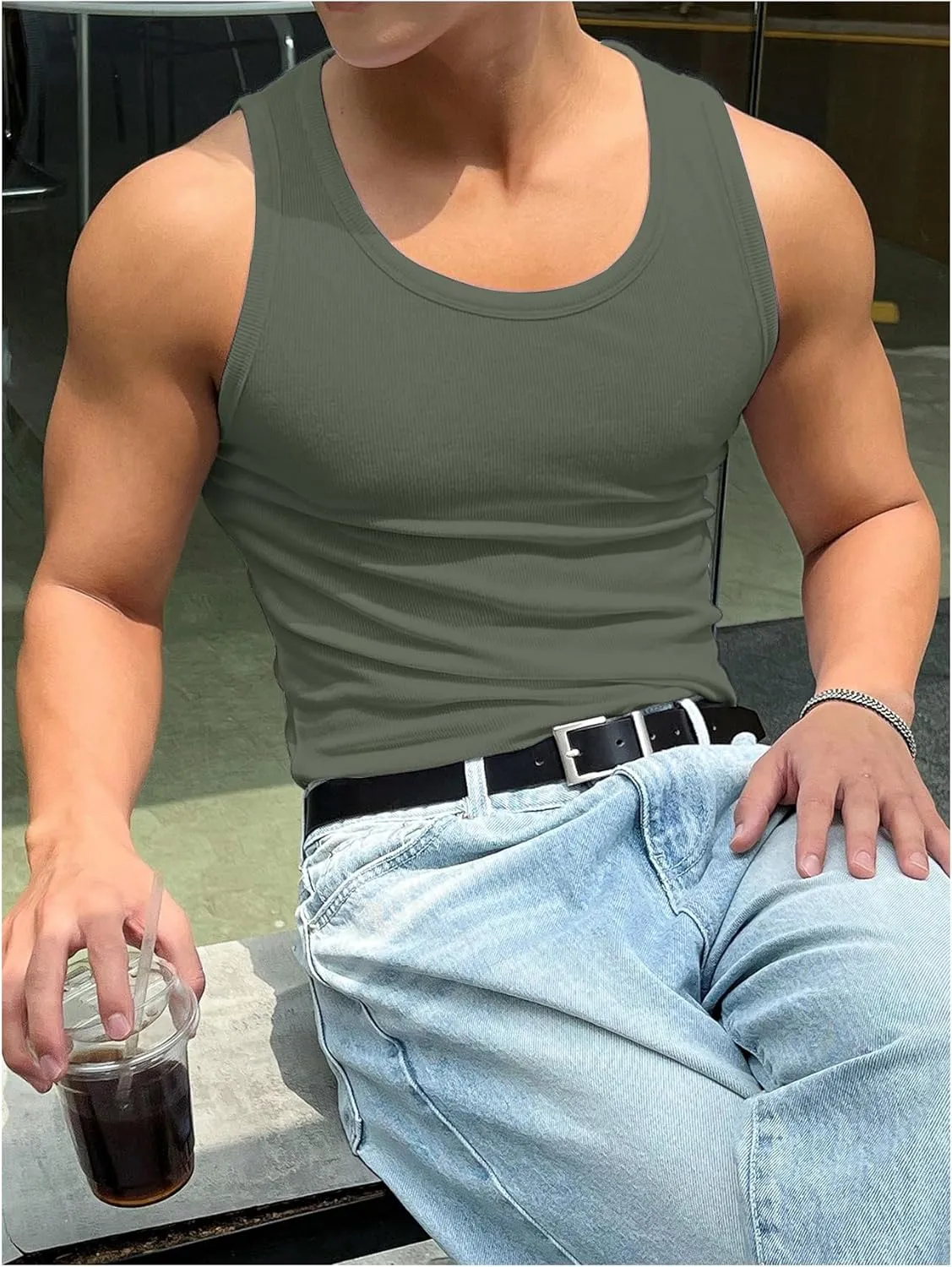 COZYEASE Men's Summer Tank Top Scoop Neck Workout Gym Muscle Tank T-Shirt Sleeveless Undershirt