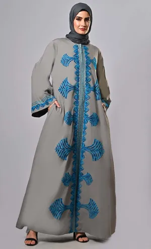 Designer Islamic Mughal Aari Work Detailing Abaya With Pockets