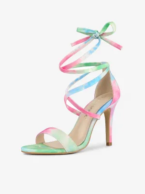 Elegant Open Toe Tie Dye Lace Up Stiletto Heel Sandals