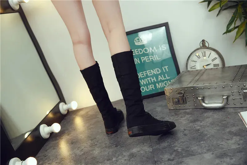 Funki Buys | Boots | Women's Canvas Knee High Lace Up Boots