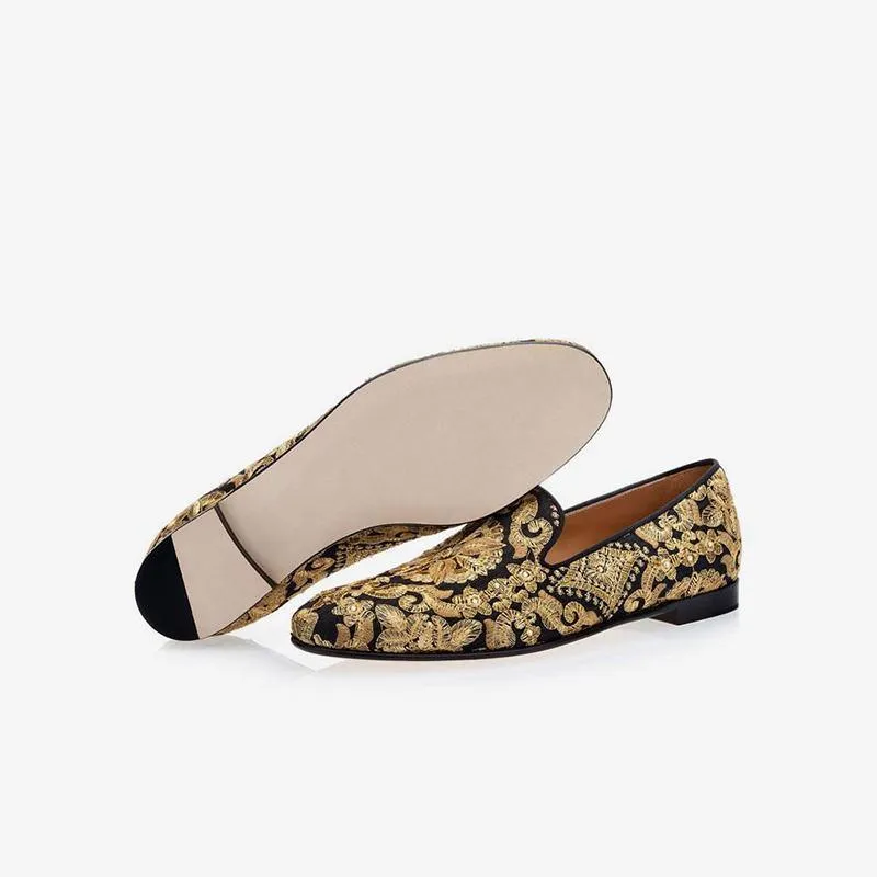 Gold Embroidered Leather Loafers