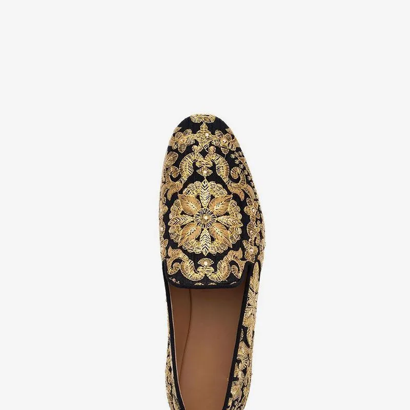 Gold Embroidered Leather Loafers