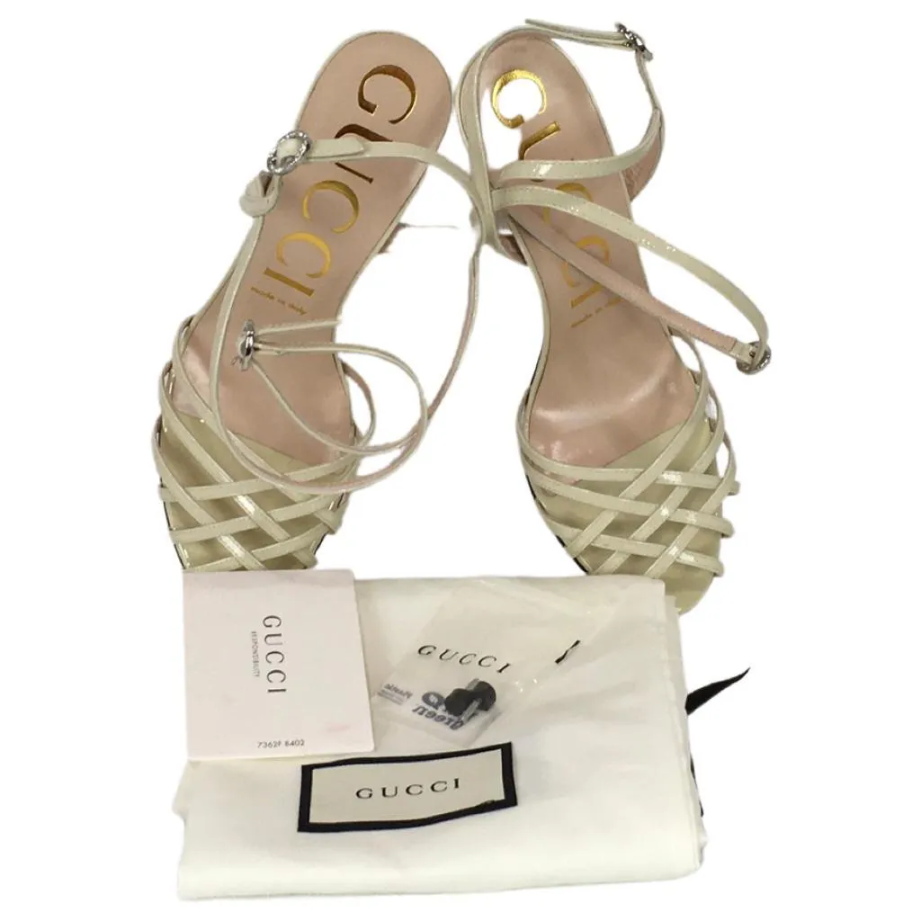 Gucci Women's Vintage Shiny Patent Leather High Heels Sandals White & Black