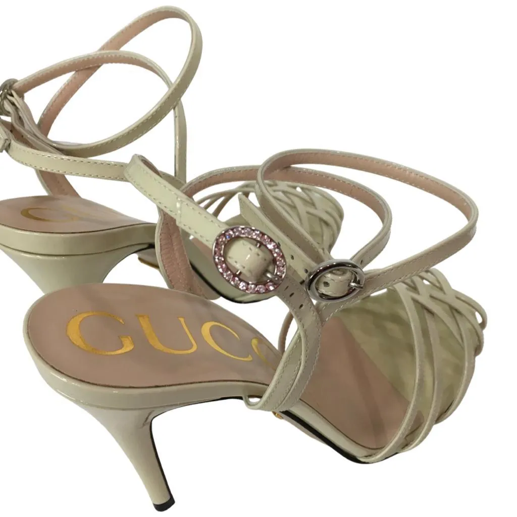 Gucci Women's Vintage Shiny Patent Leather High Heels Sandals White & Black