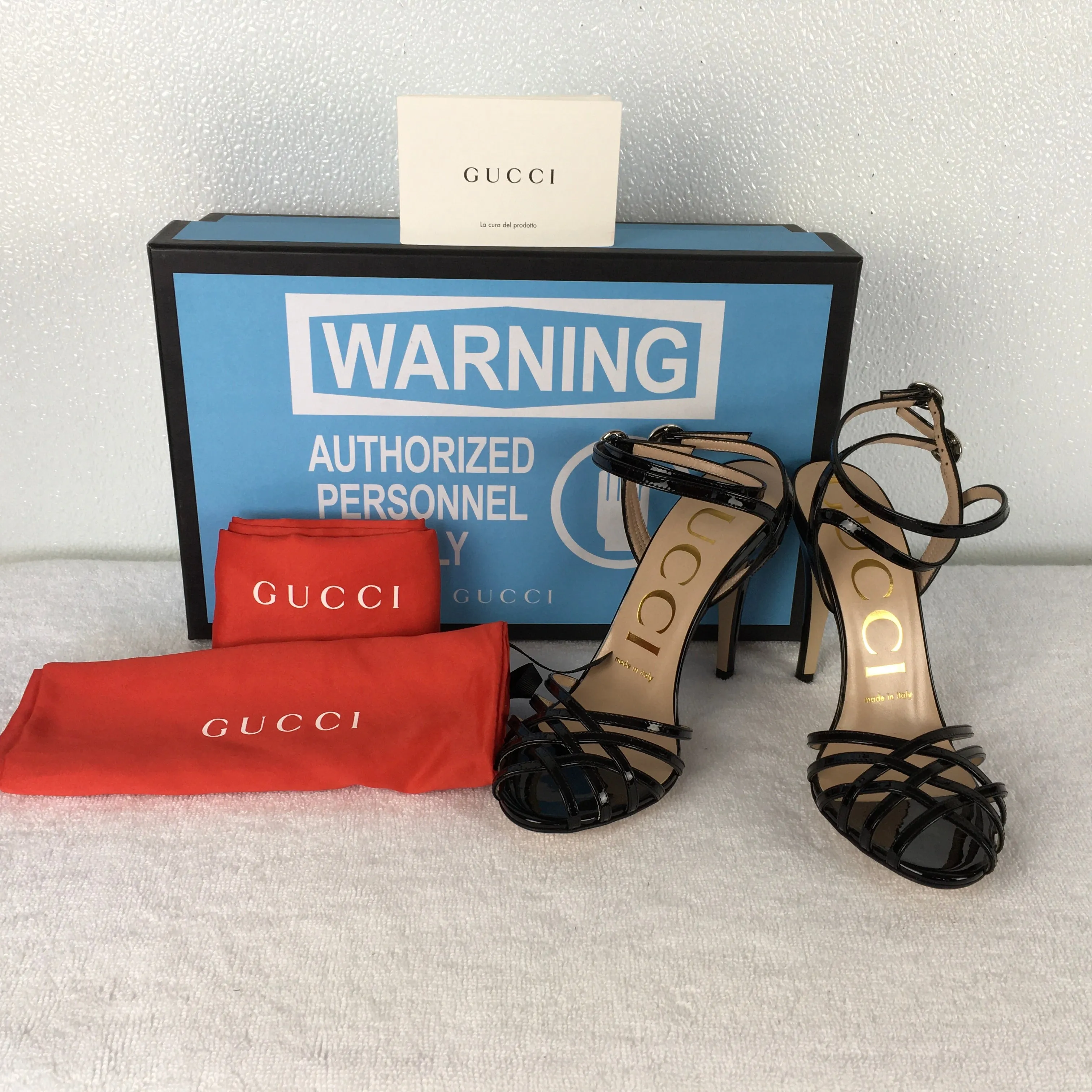 Gucci Women's Vintage Shiny Patent Leather High Heels Sandals White & Black