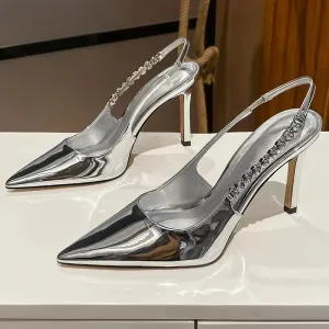 Joskaa Shiny High Heels Slingback Silver Women Pumps Metallic Crystal Sandals Pointy Toe Stiletto Heeled Shoes Party Dress Shoes Woman