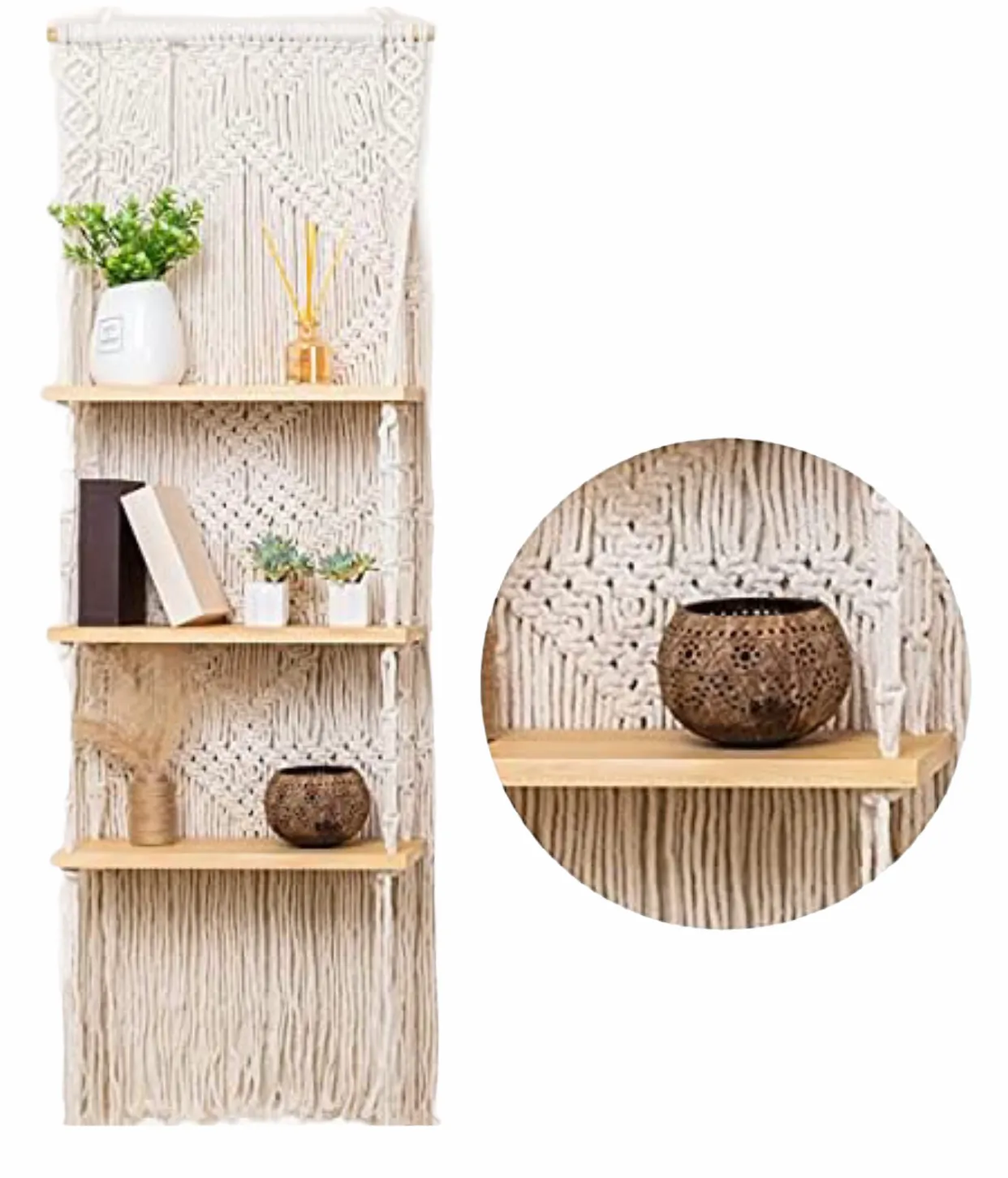 Macrame Wall Hanging Shelf - 3-Tier Macrame Shelf with Enhanced Solid Wood Shelves