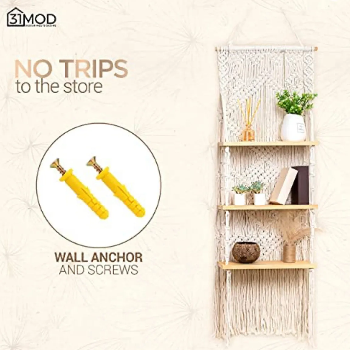 Macrame Wall Hanging Shelf - 3-Tier Macrame Shelf with Enhanced Solid Wood Shelves