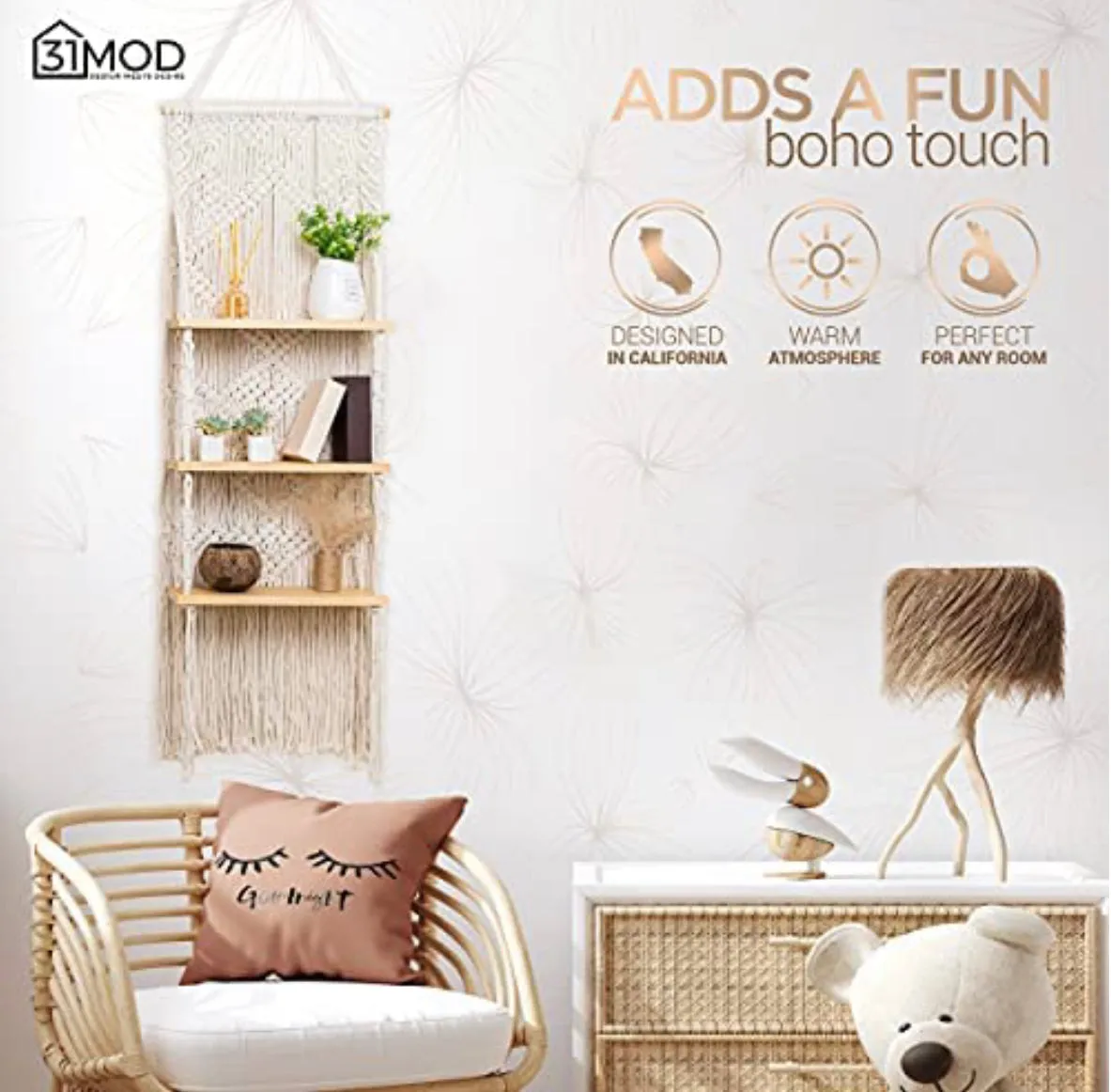 Macrame Wall Hanging Shelf - 3-Tier Macrame Shelf with Enhanced Solid Wood Shelves