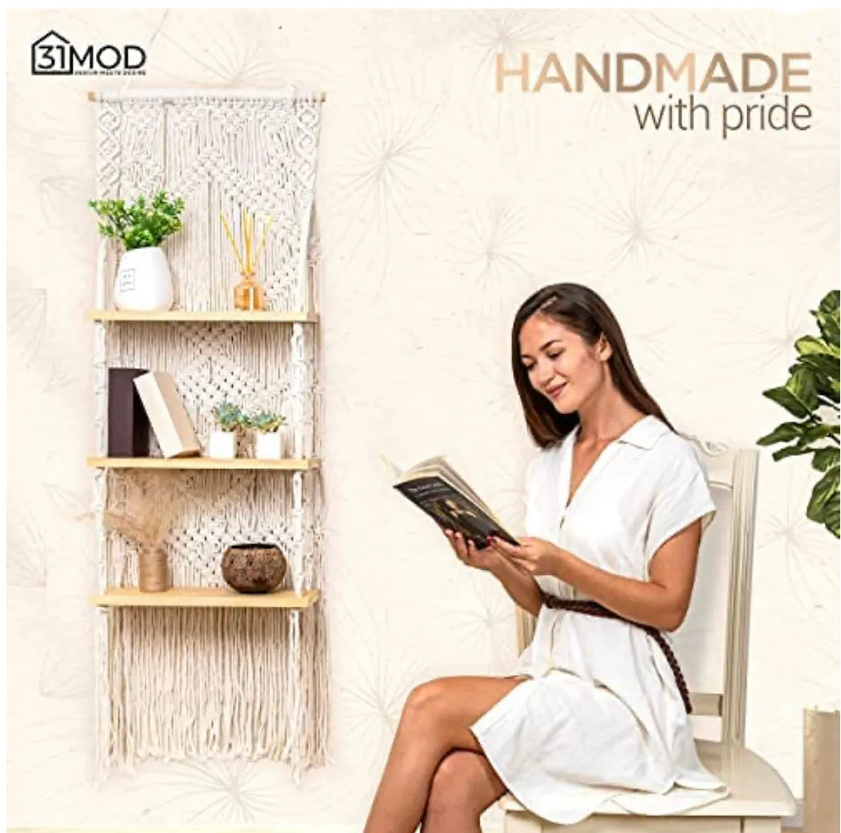 Macrame Wall Hanging Shelf - 3-Tier Macrame Shelf with Enhanced Solid Wood Shelves
