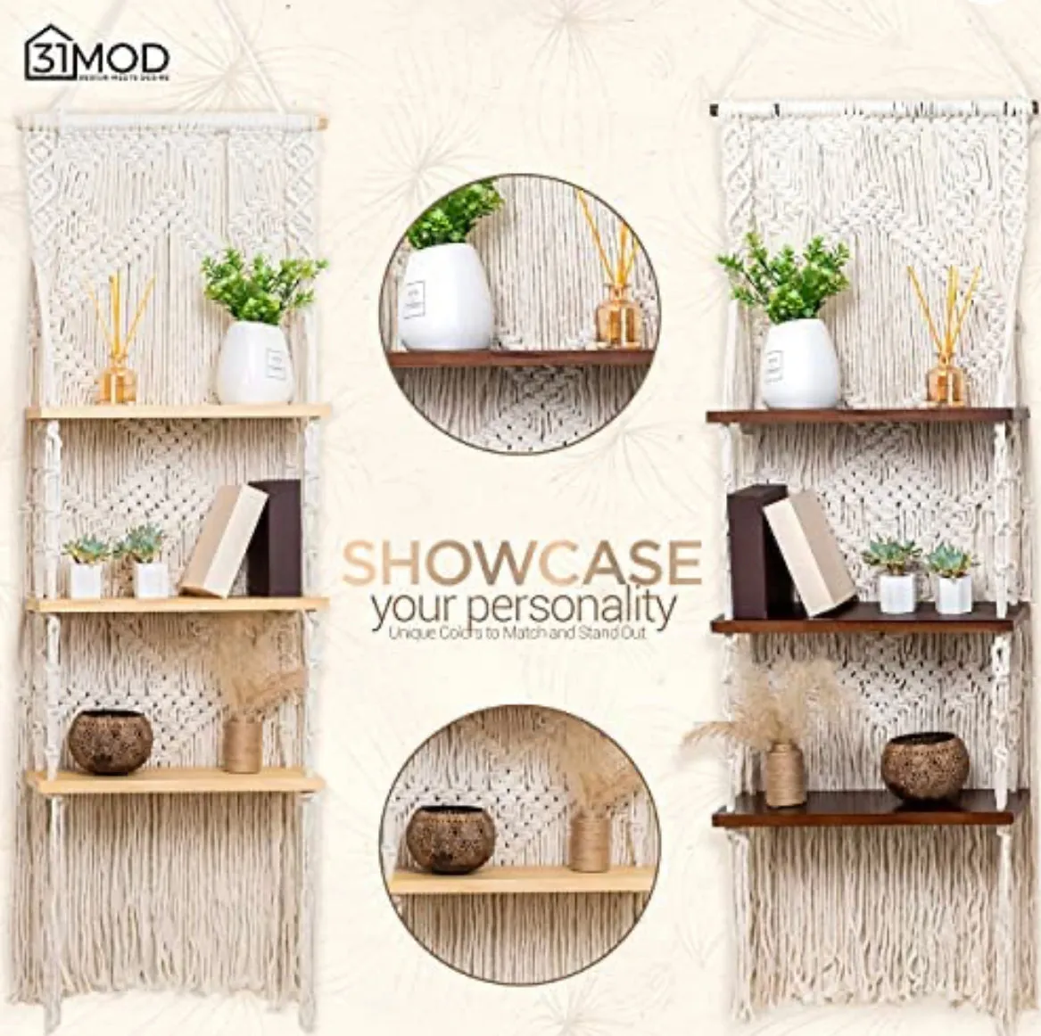 Macrame Wall Hanging Shelf - 3-Tier Macrame Shelf with Enhanced Solid Wood Shelves