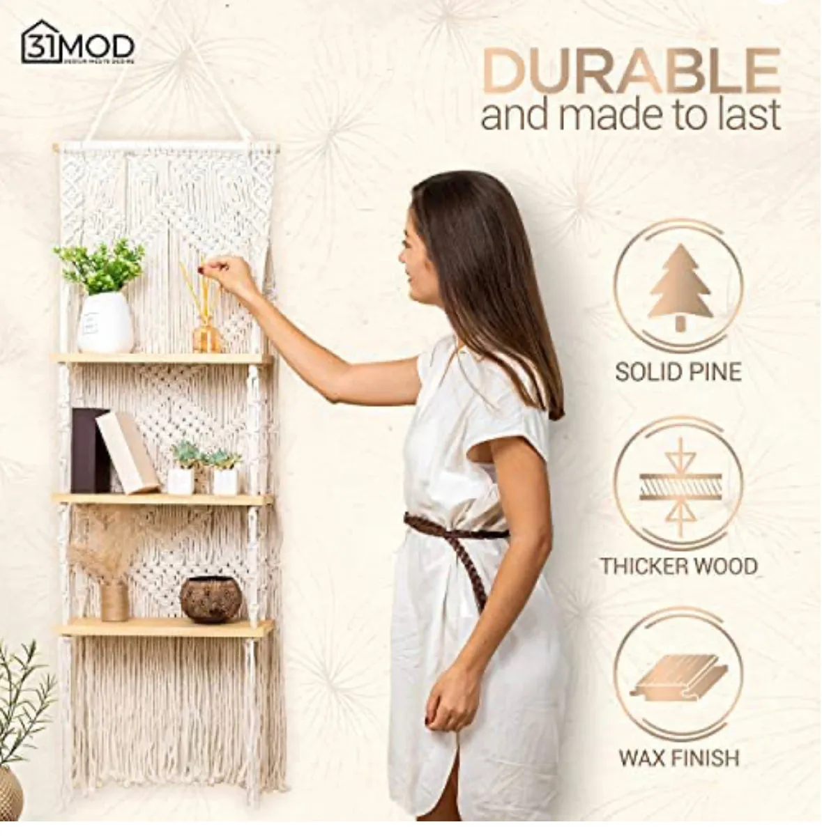 Macrame Wall Hanging Shelf - 3-Tier Macrame Shelf with Enhanced Solid Wood Shelves