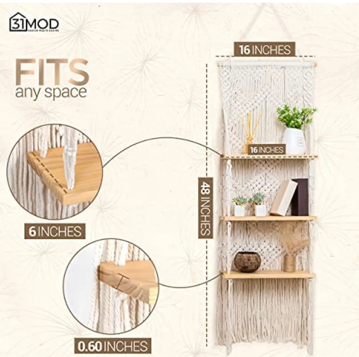 Macrame Wall Hanging Shelf - 3-Tier Macrame Shelf with Enhanced Solid Wood Shelves