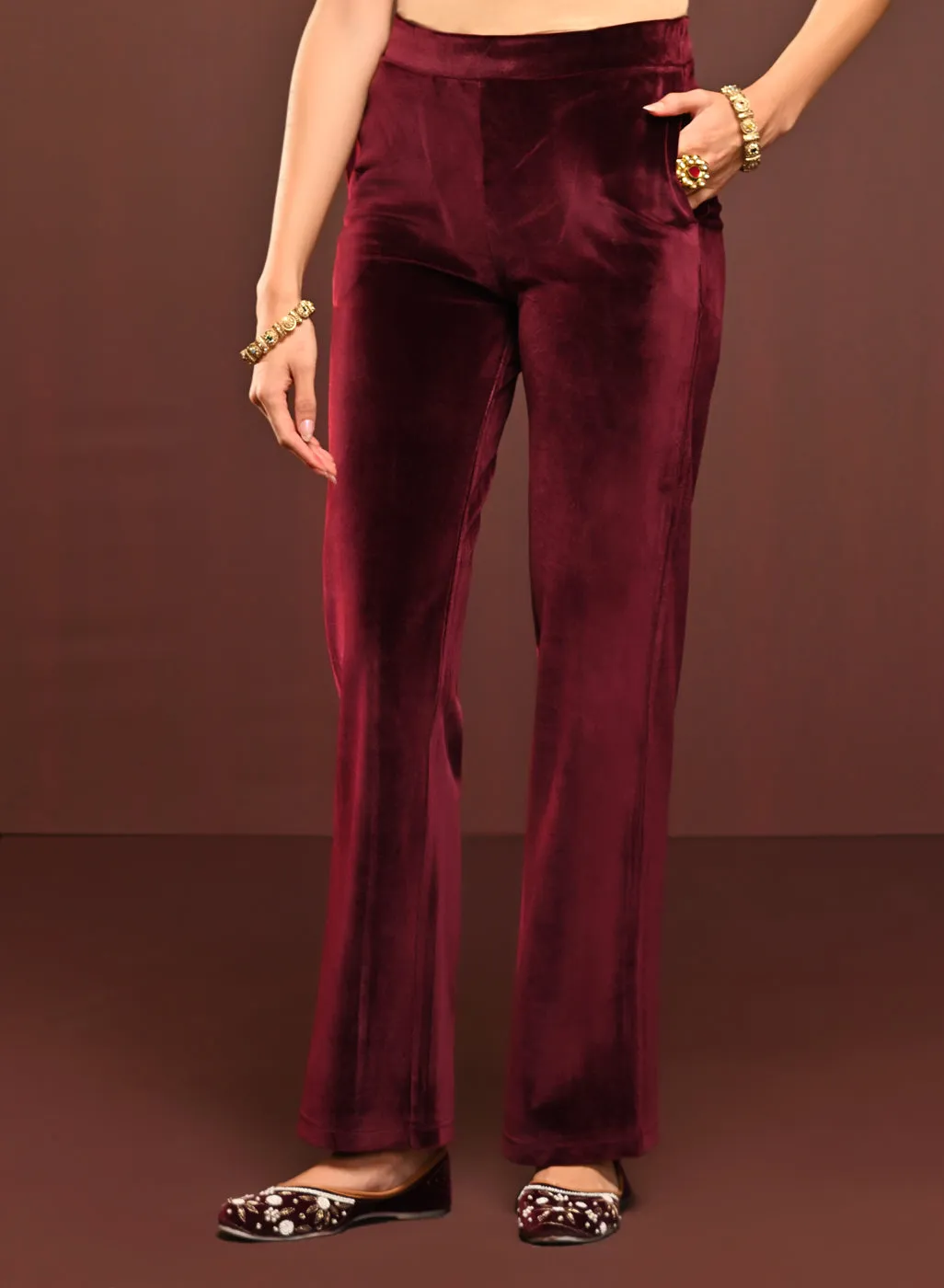 Nitara Maroon Embroidered Velvet Co-ord Set for Women