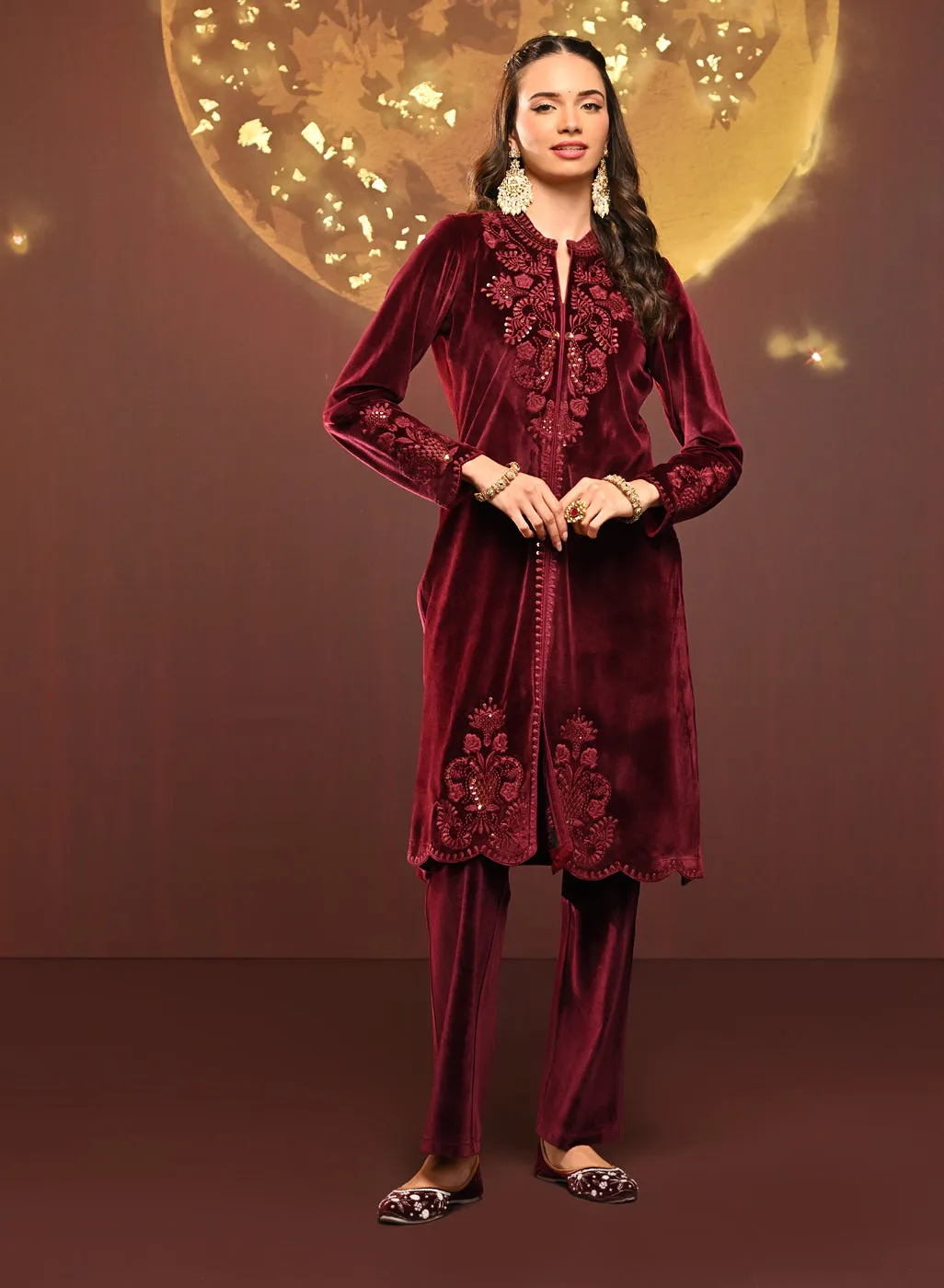 Nitara Maroon Embroidered Velvet Co-ord Set for Women