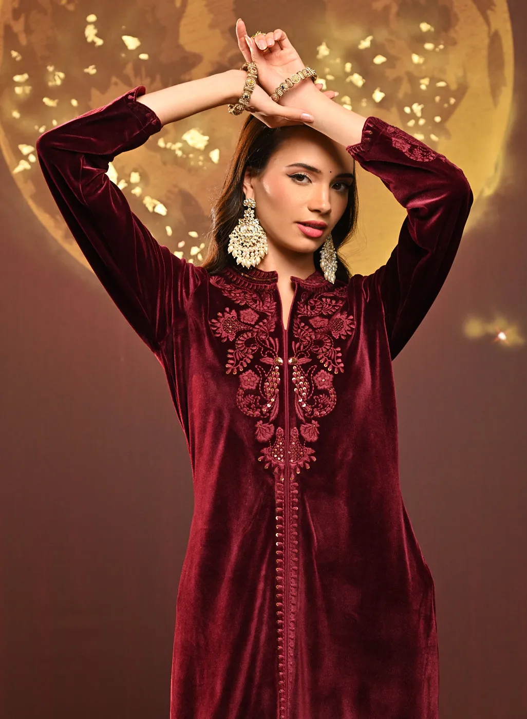Nitara Maroon Embroidered Velvet Co-ord Set for Women