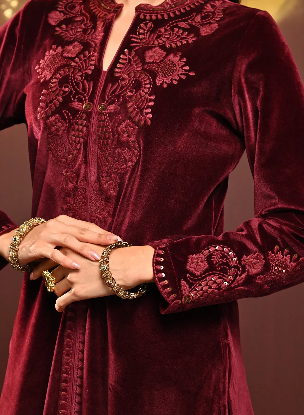 Nitara Maroon Embroidered Velvet Co-ord Set for Women