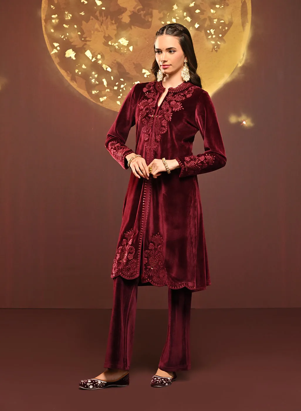 Nitara Maroon Embroidered Velvet Co-ord Set for Women