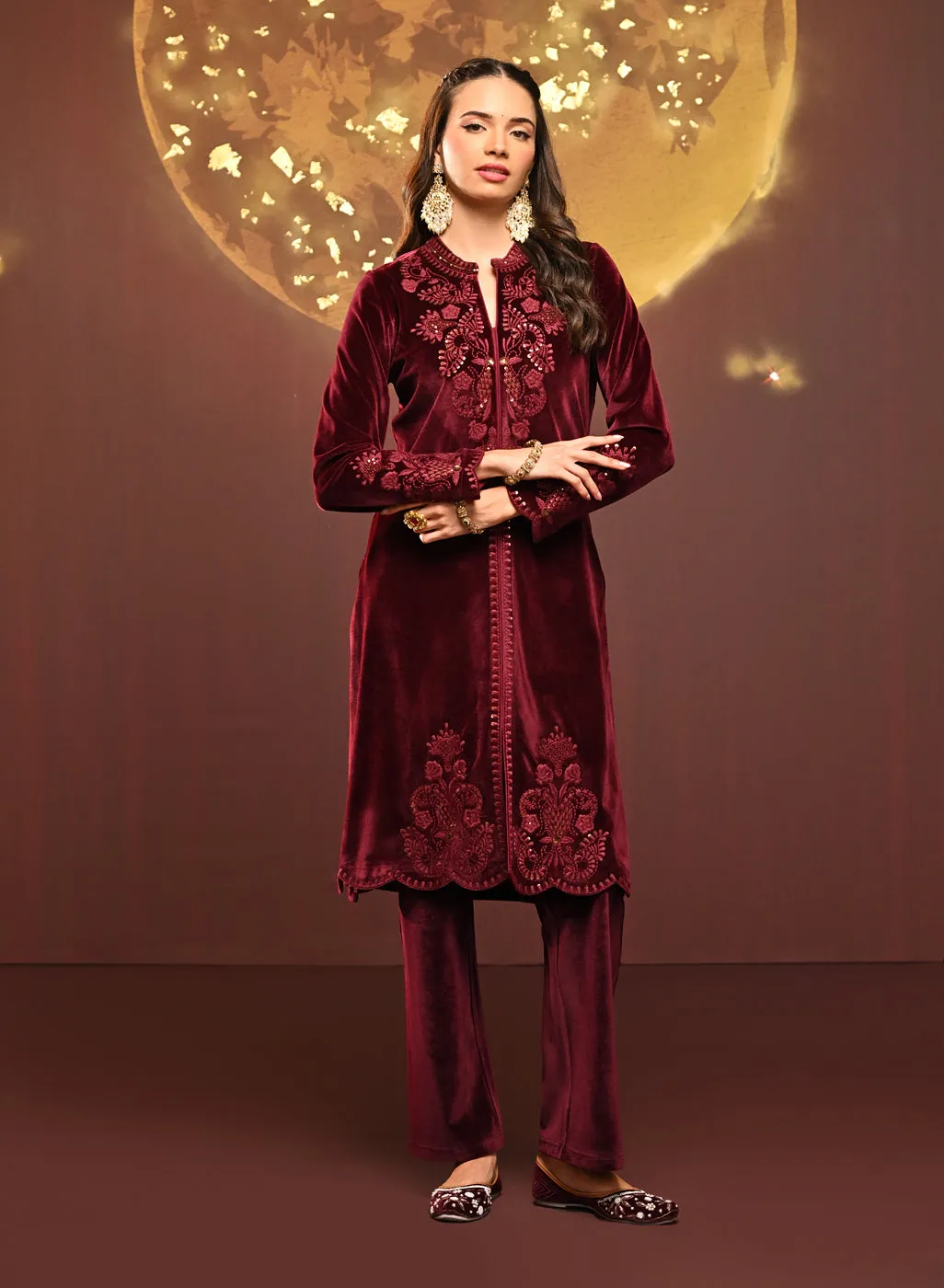 Nitara Maroon Embroidered Velvet Co-ord Set for Women