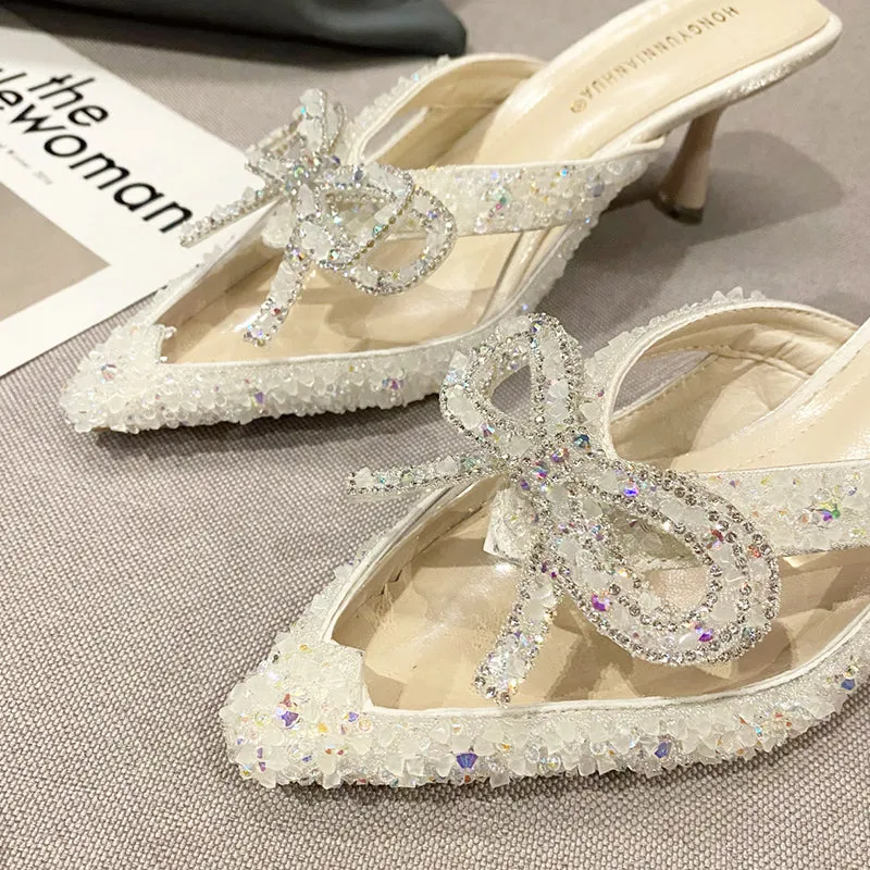 Rimocy Pointed Toe Shiny Crystal Mules Shoes Women Transparent Pvc High Heels Slippers Woman Rhinestones Bow Thin Heel Sandals