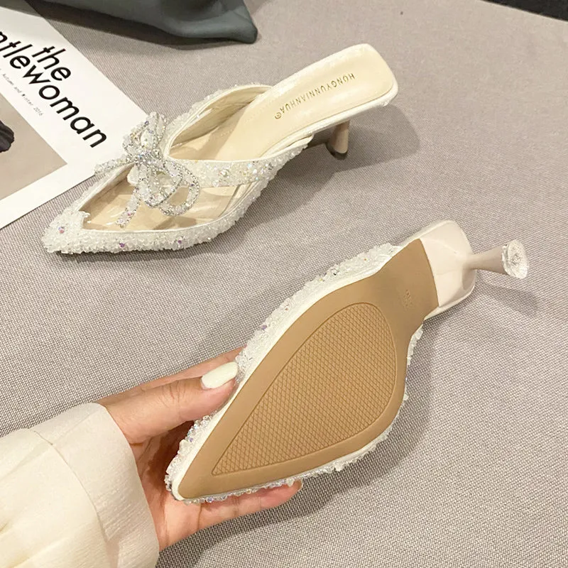 Rimocy Pointed Toe Shiny Crystal Mules Shoes Women Transparent Pvc High Heels Slippers Woman Rhinestones Bow Thin Heel Sandals