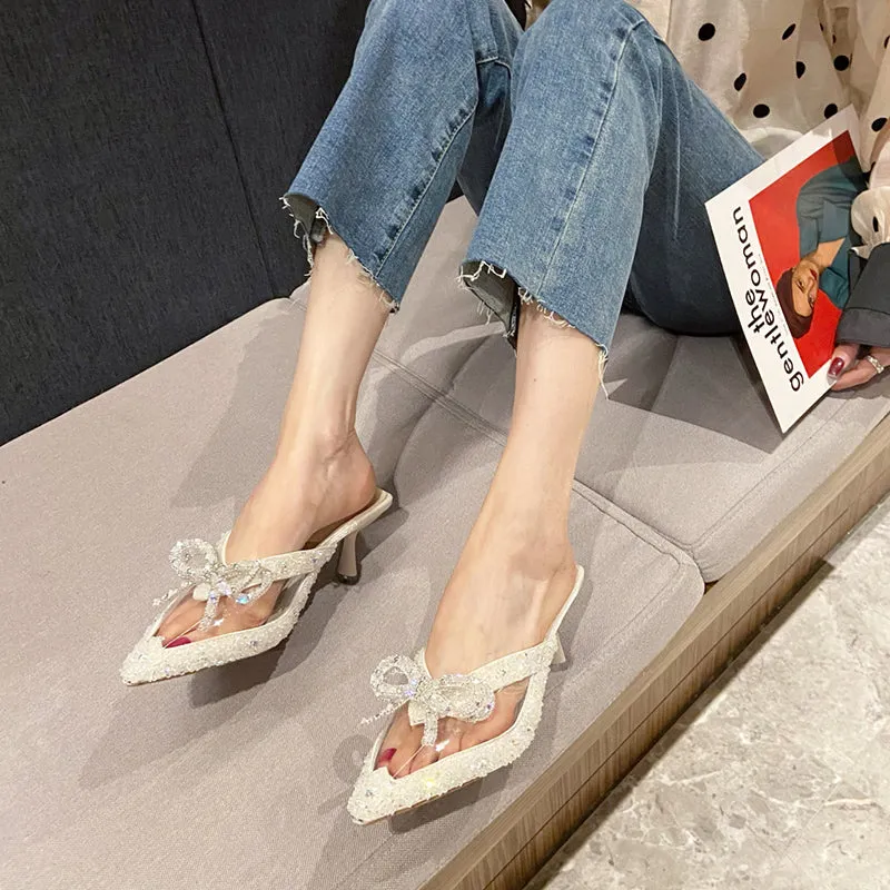Rimocy Pointed Toe Shiny Crystal Mules Shoes Women Transparent Pvc High Heels Slippers Woman Rhinestones Bow Thin Heel Sandals
