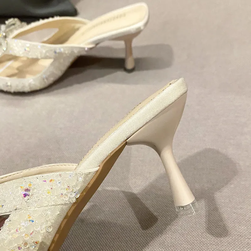 Rimocy Pointed Toe Shiny Crystal Mules Shoes Women Transparent Pvc High Heels Slippers Woman Rhinestones Bow Thin Heel Sandals