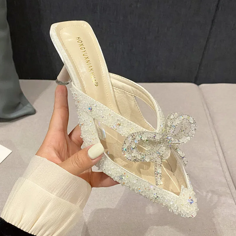 Rimocy Pointed Toe Shiny Crystal Mules Shoes Women Transparent Pvc High Heels Slippers Woman Rhinestones Bow Thin Heel Sandals
