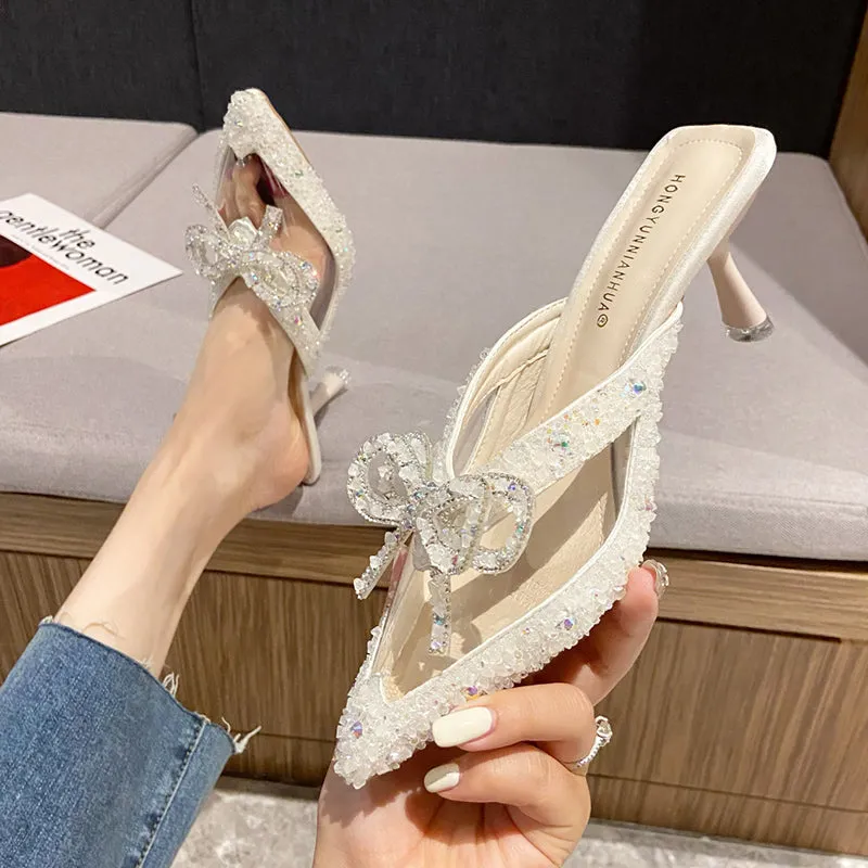 Rimocy Pointed Toe Shiny Crystal Mules Shoes Women Transparent Pvc High Heels Slippers Woman Rhinestones Bow Thin Heel Sandals