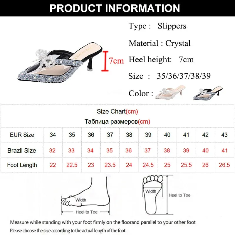 Rimocy Pointed Toe Shiny Crystal Mules Shoes Women Transparent Pvc High Heels Slippers Woman Rhinestones Bow Thin Heel Sandals