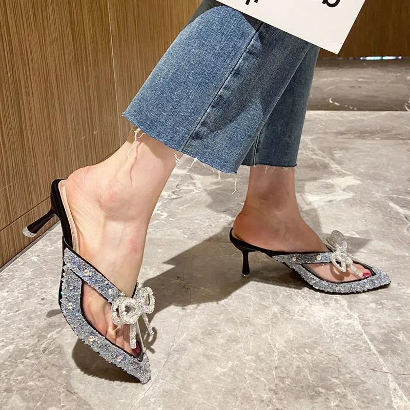 Rimocy Pointed Toe Shiny Crystal Mules Shoes Women Transparent Pvc High Heels Slippers Woman Rhinestones Bow Thin Heel Sandals